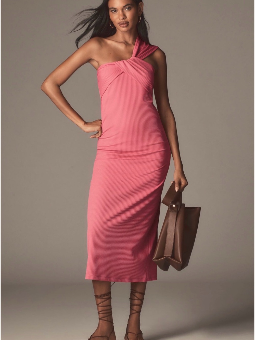 Anthropologie One-Shoulder Hot Pink Ribbed Midi Dress - Picture 2 of 9